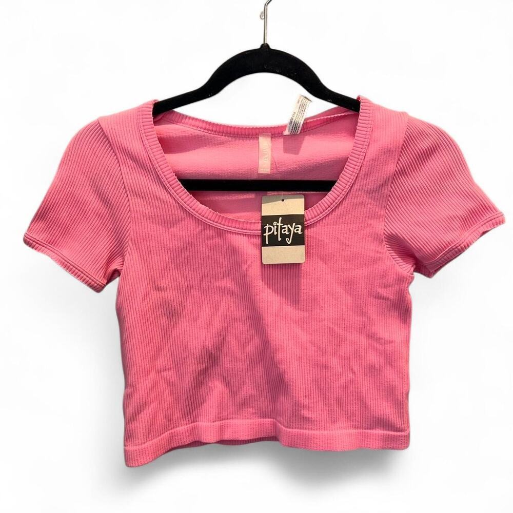 Pitaya Pink Scoop Neck Crop Top Fitted Stretch Short Sleeve NWT Y2K Size S